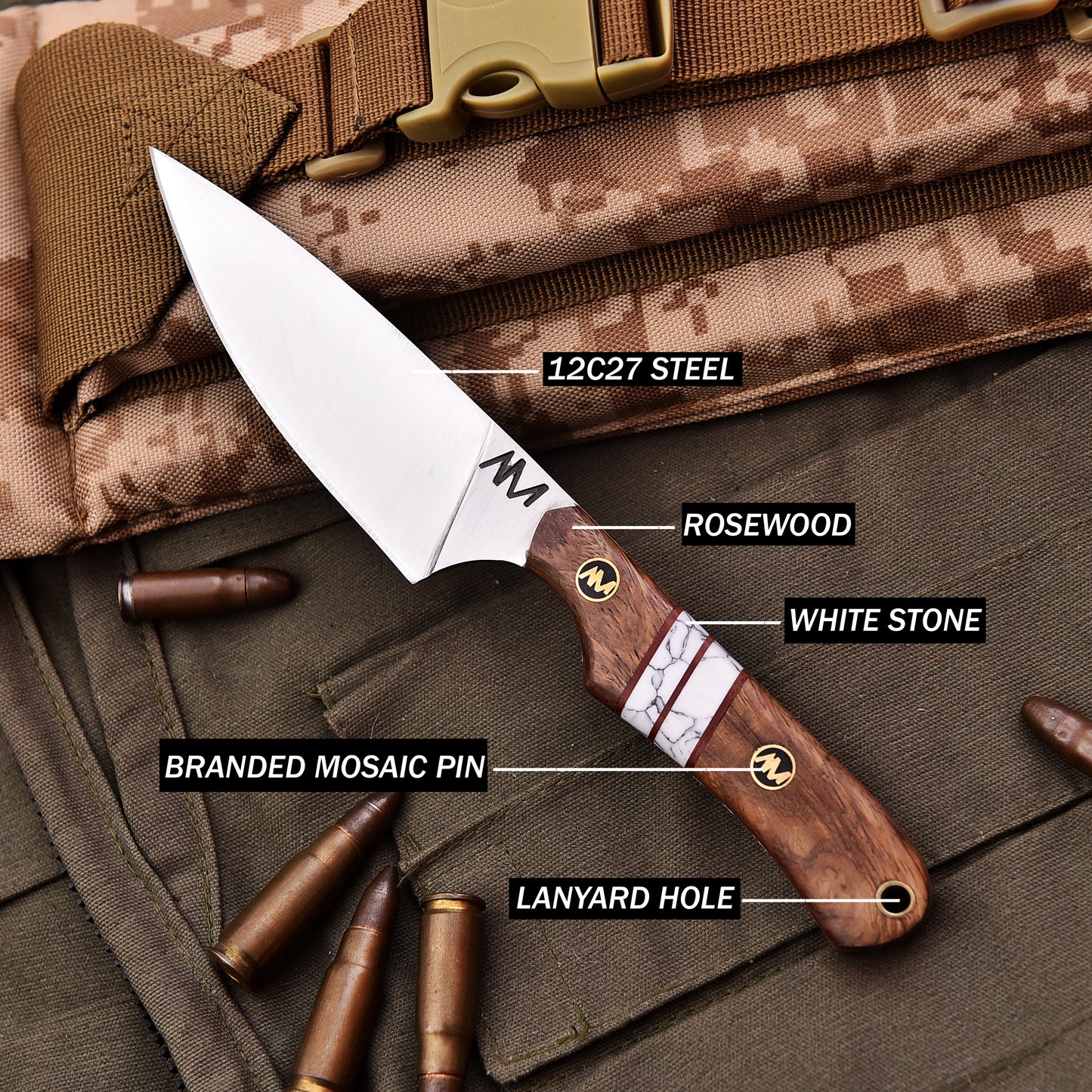 AM Flint 12c27 Steel Blade, Rosewood Handle and Turquoise stones with brass pins and lanyard hole