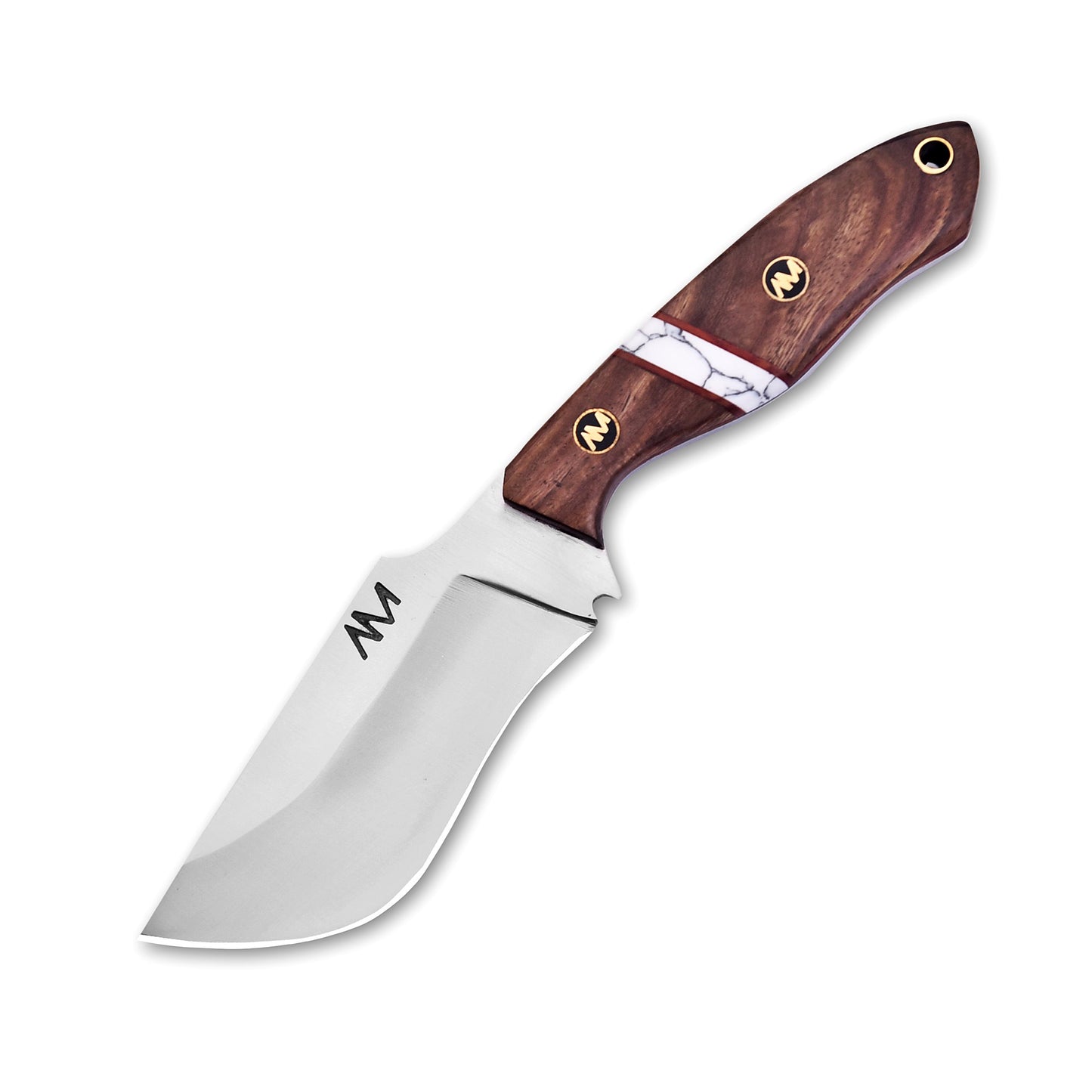 AM Lynx a very premium fixed blade knife with rosewood handle, turquoise stone, branded mosaic pins and a lanyard hole