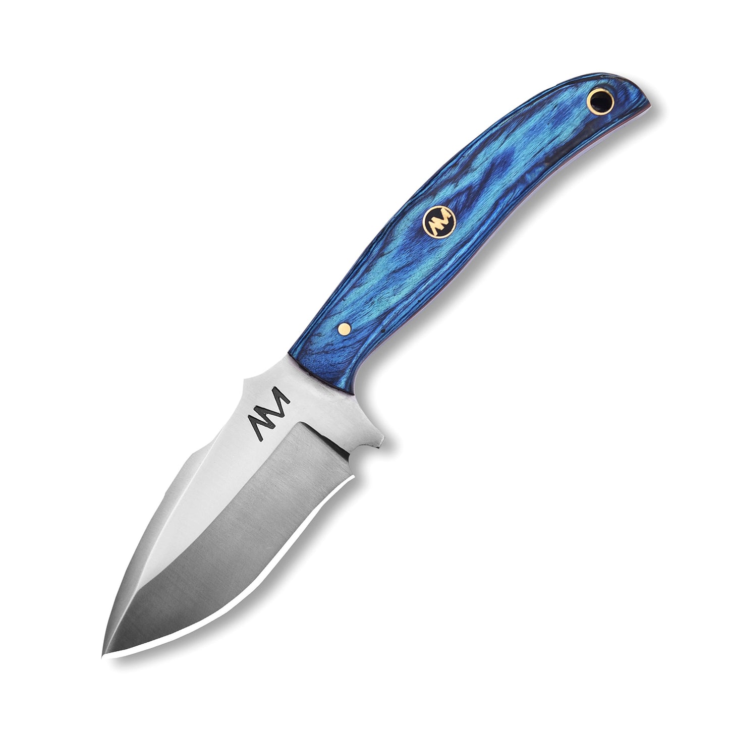 AM Nova fixed blade knife with ergonomic laminated blue wooden handle and full tang blade