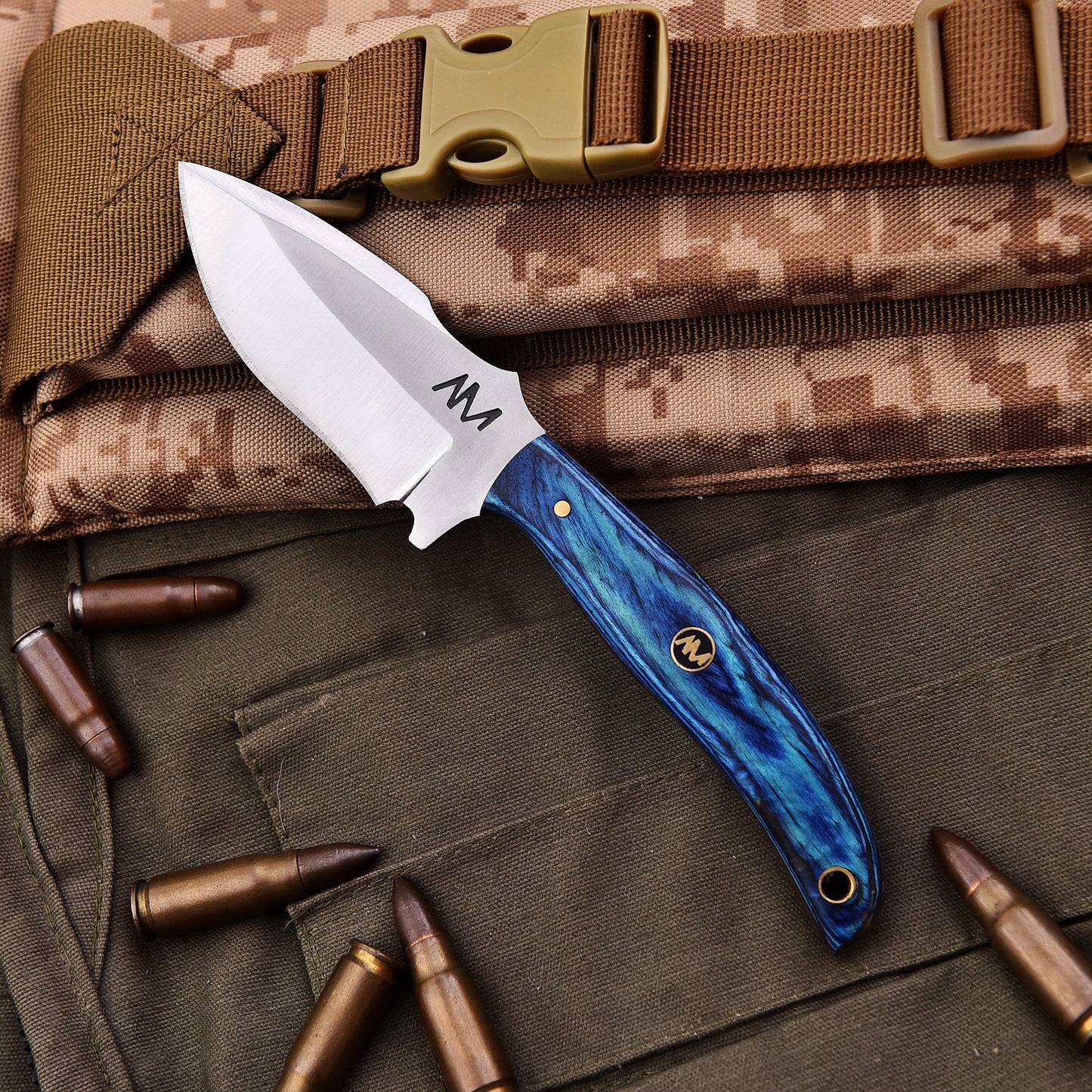 Camping survival knife full tang with vibrant blue wood handle and marble grain texture