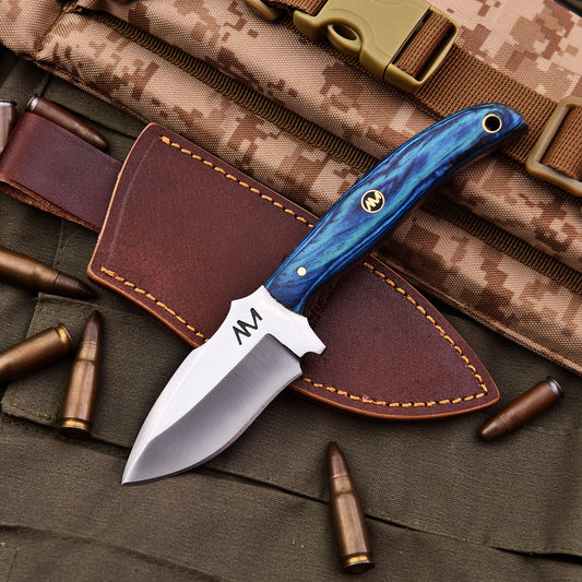 7.5" Fixed Blade Knife with 12c27 Steel and Striking Blue handle with a lanyard hole and branded mosaic pins, and a premium leather sheath