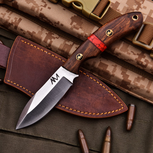 8" Fixed Blade 12c27 Steel Hunting Knife with ergonomic rosewood handle and Turquoise accents with a premium hand stitched leather sheath