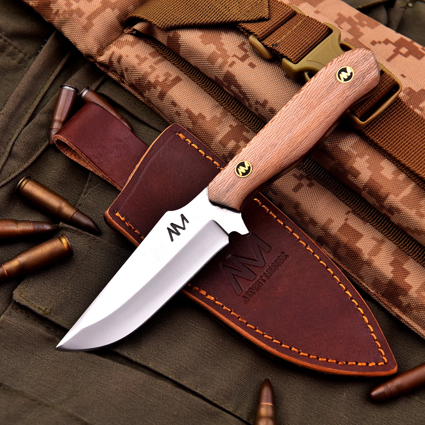 AM Sandstorm Camping & Outdoor Knife with its vertical carry sheath