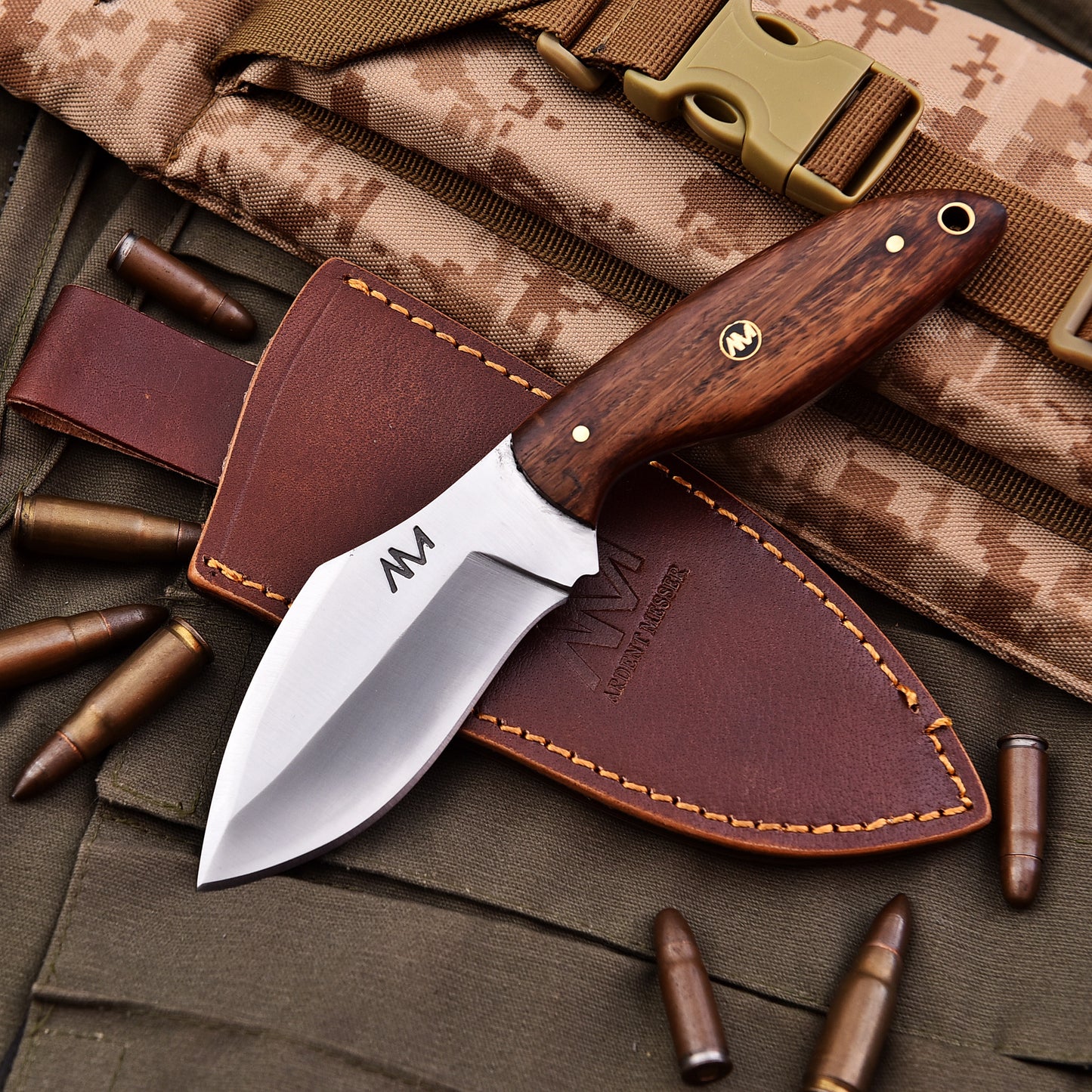 Full tang hunting knife with leather sheath for camping and survival
