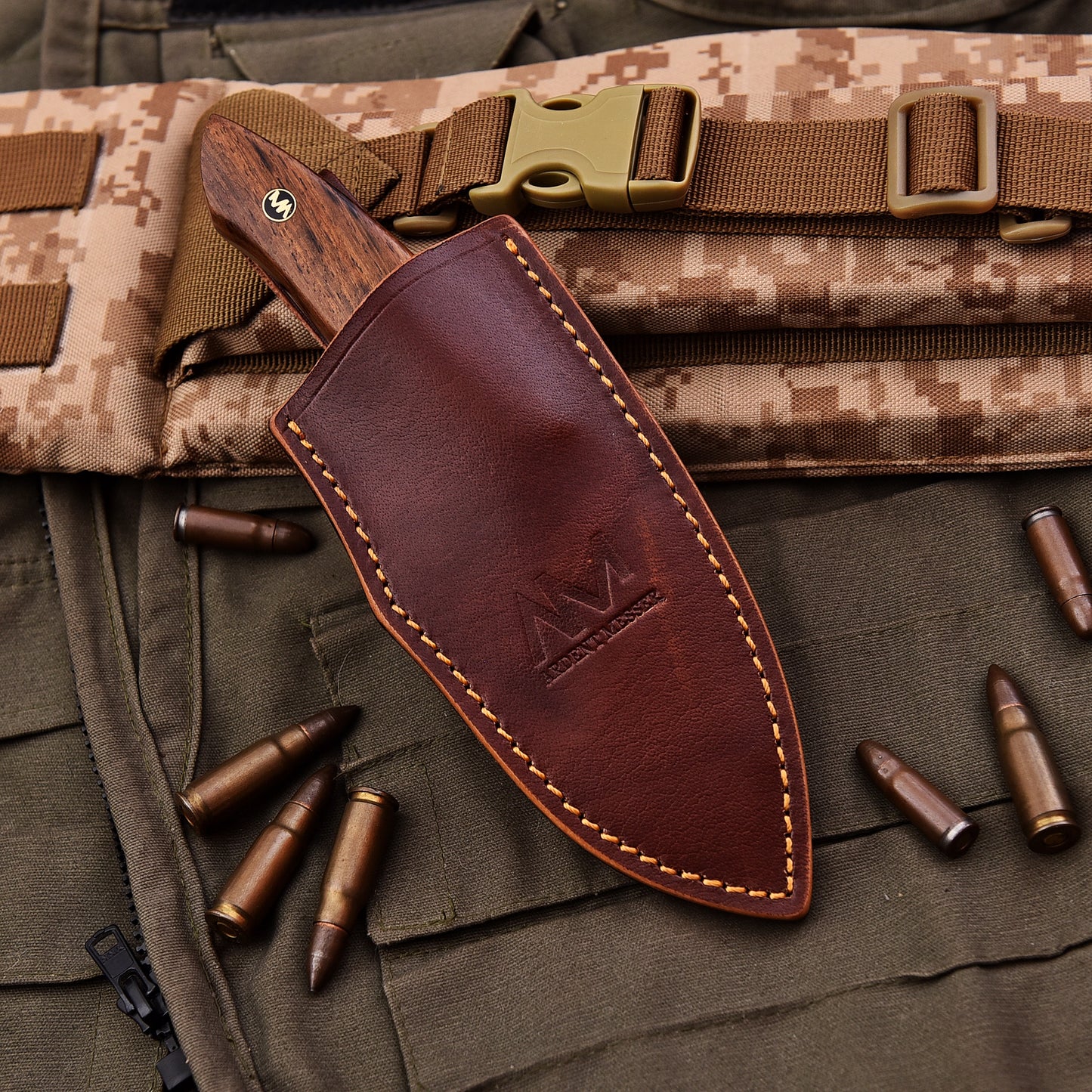 AM Titan hunting knife in leather sheath