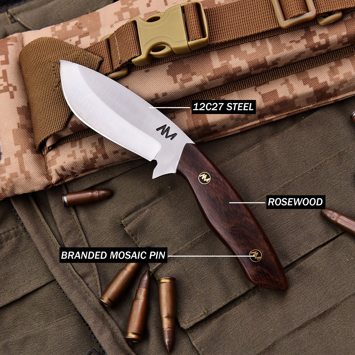 Angled shot of AM Titan tactical knife with ergonomic handle and drop point blade