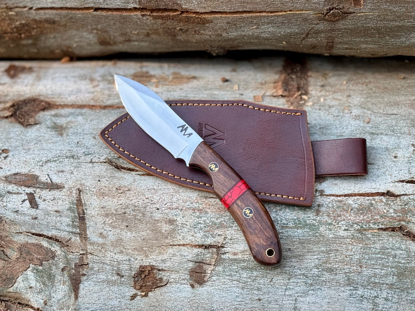 8" Fixed Blade 12c27 Steel Hunting Knife with ergonomic rosewood handle and Turquoise accents with a premium hand stitched leather sheath
