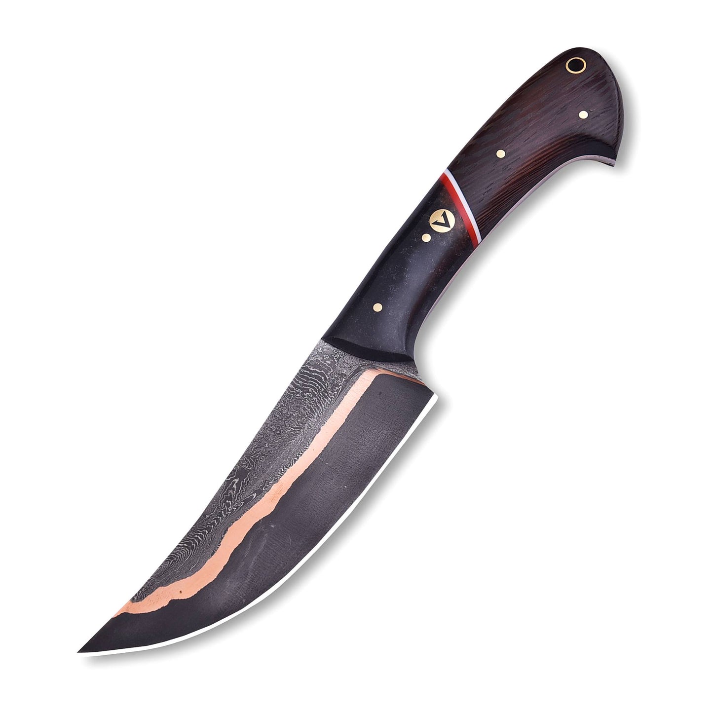 AM Emberfang copper Damascus fixed blade knife full view
