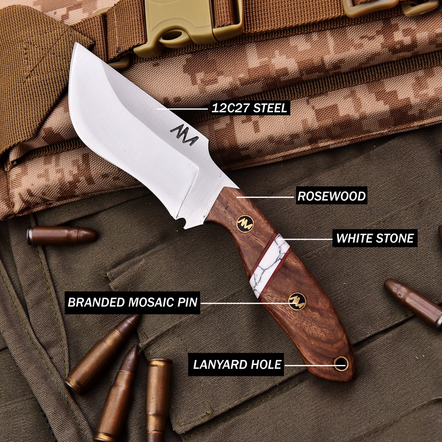 AM Lynx, 12c27 Clip Point Blade, Ergonomic Rosewood Handle, Gem Stone Inlay and a lanyard hole
