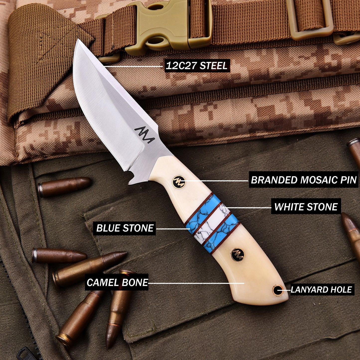 4" Knife Blade 12c27 Steel, Bone Handle with Turquoise inlays