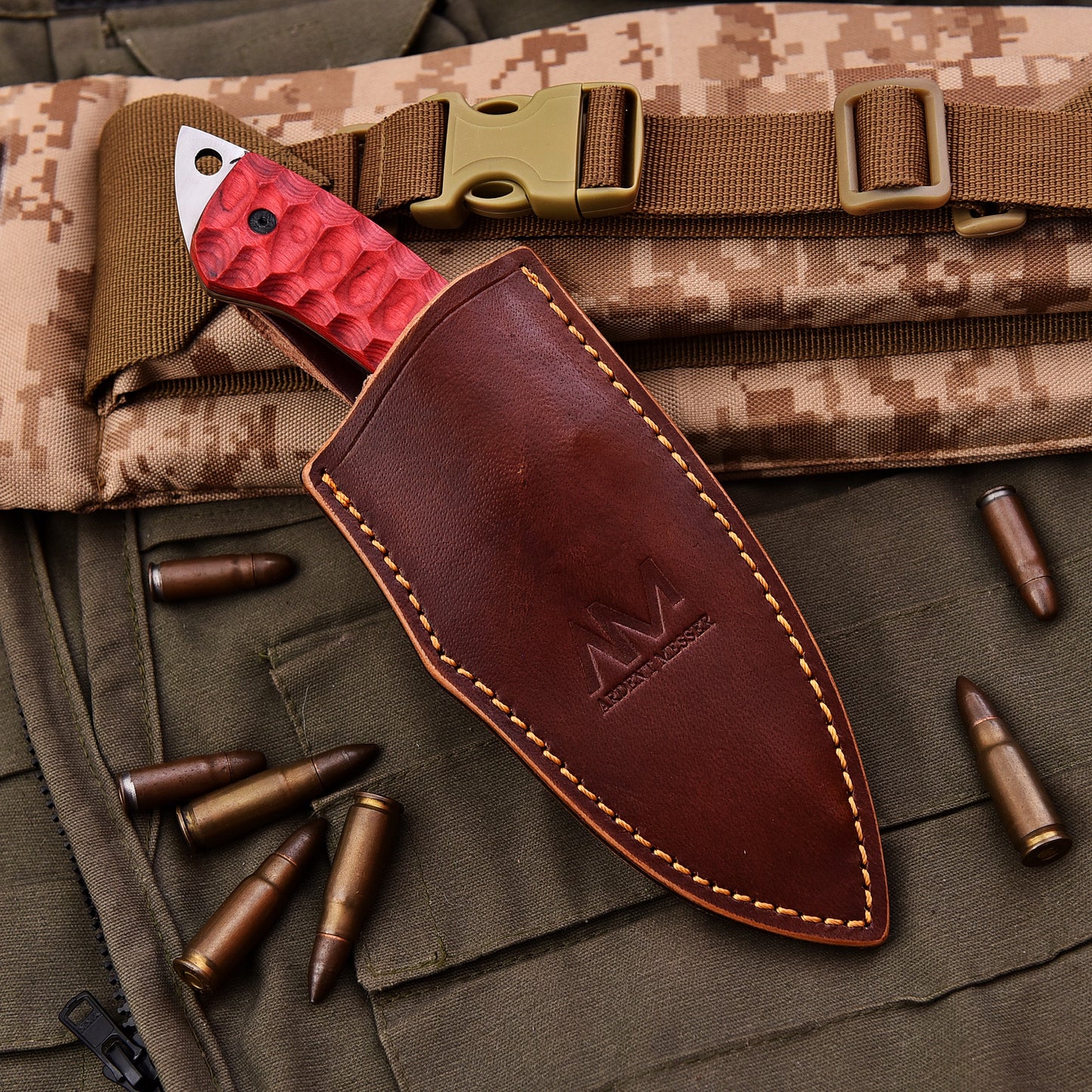 AM Reaper Fixed Blade Knife in its belt loop sheath