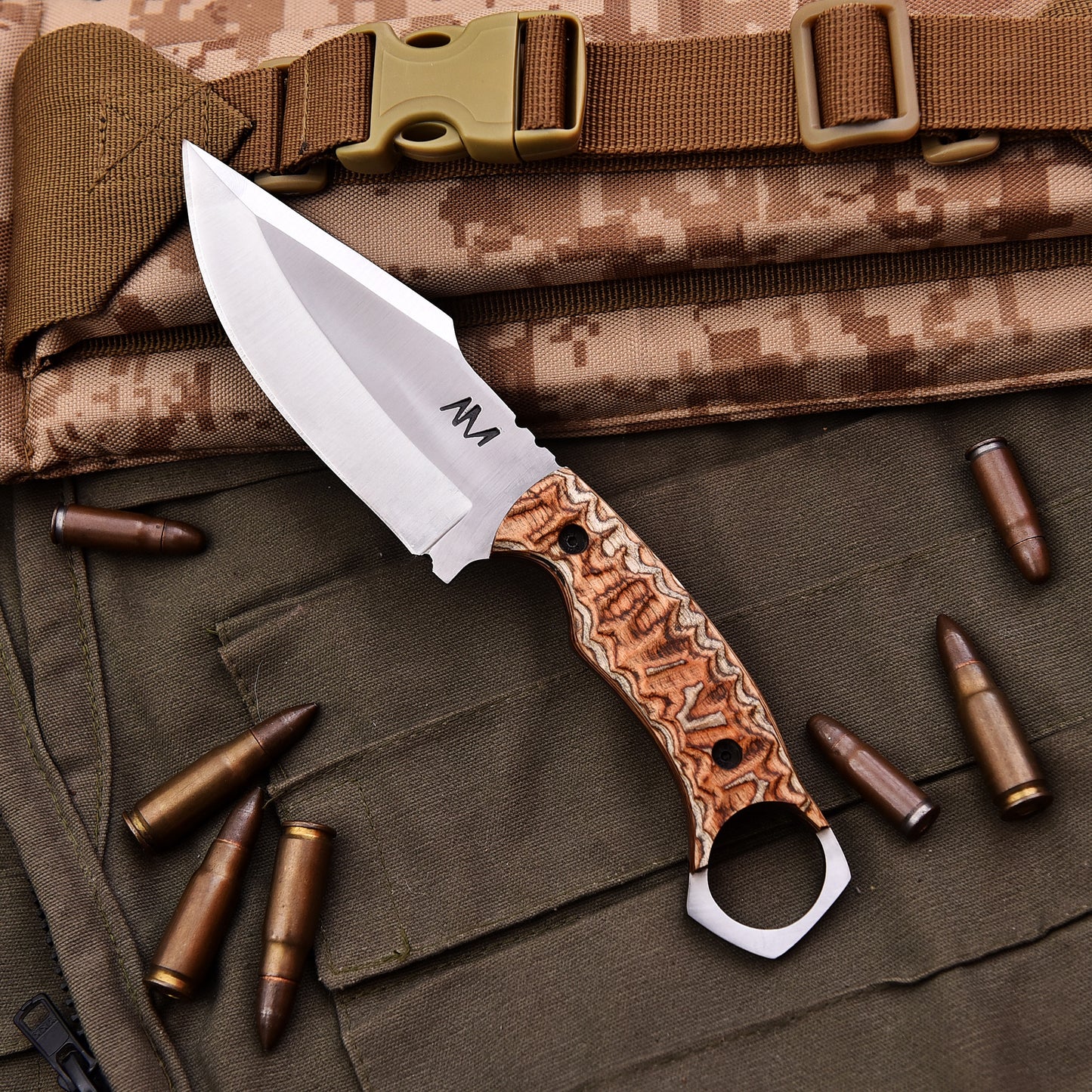 High carbon steel drop point knife with ergonomic grip for hunting and bushcraft