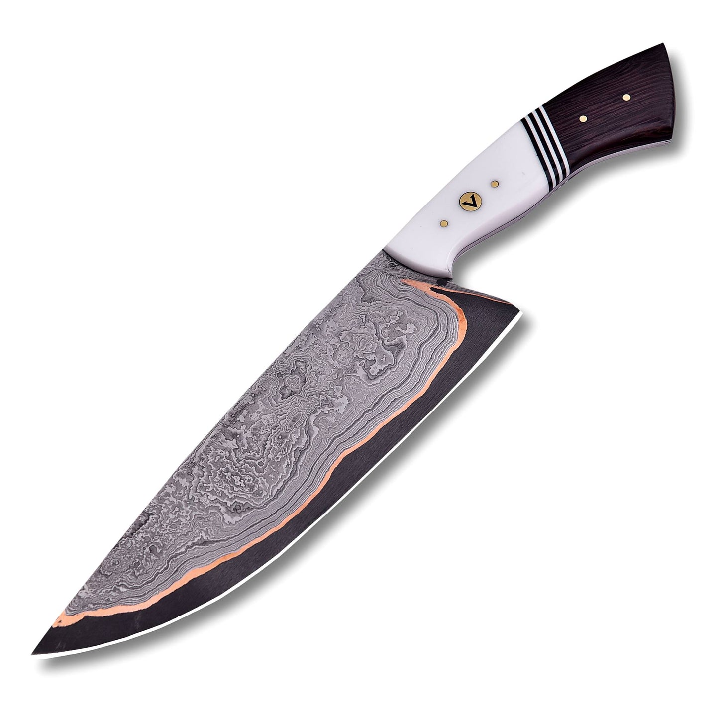 Handmade Santoku knife with copper Damascus blade and resin wenge handle