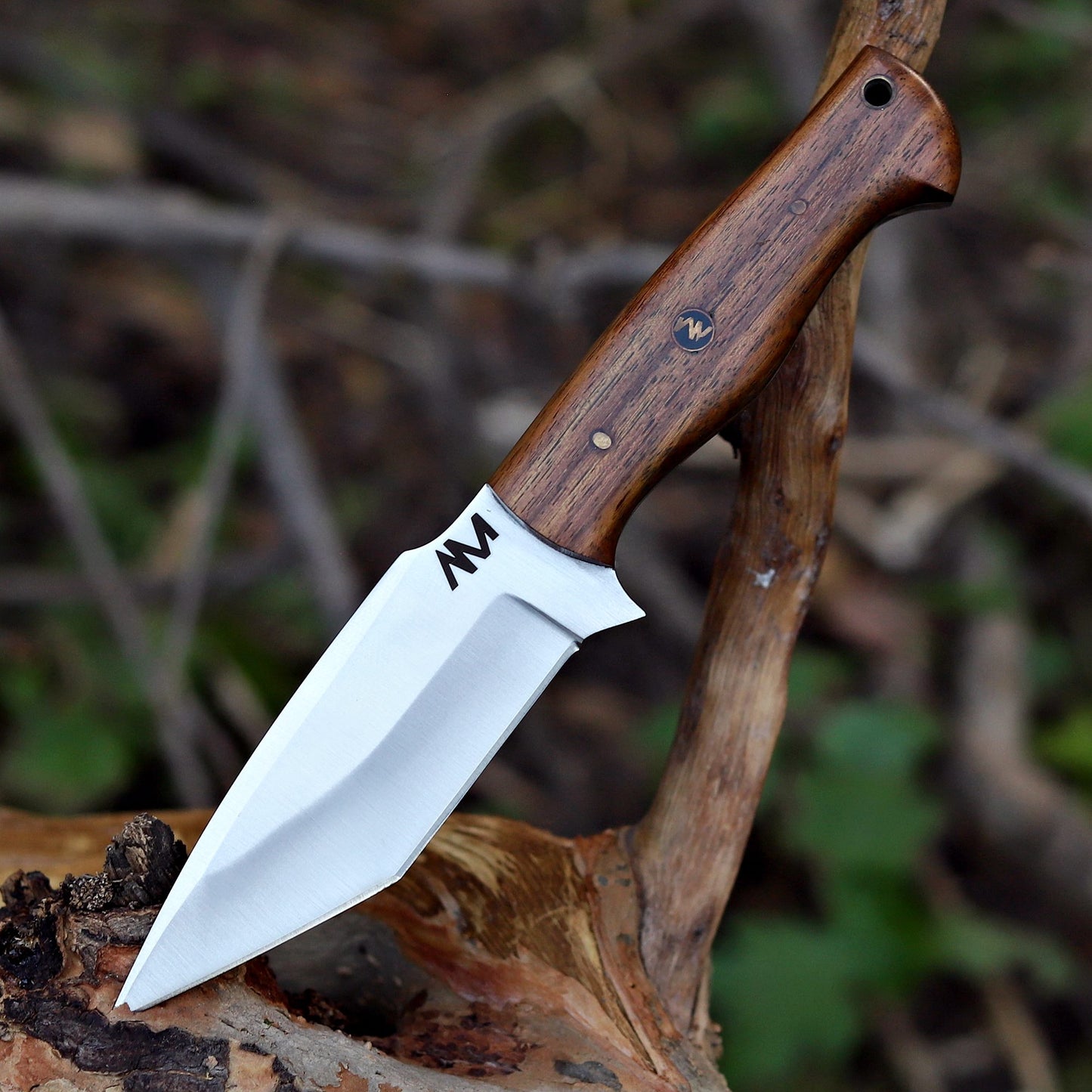 AM Frontier full tang knife resting on wood surface – 9 inch tactical tanto blade with polished rosewood handle.