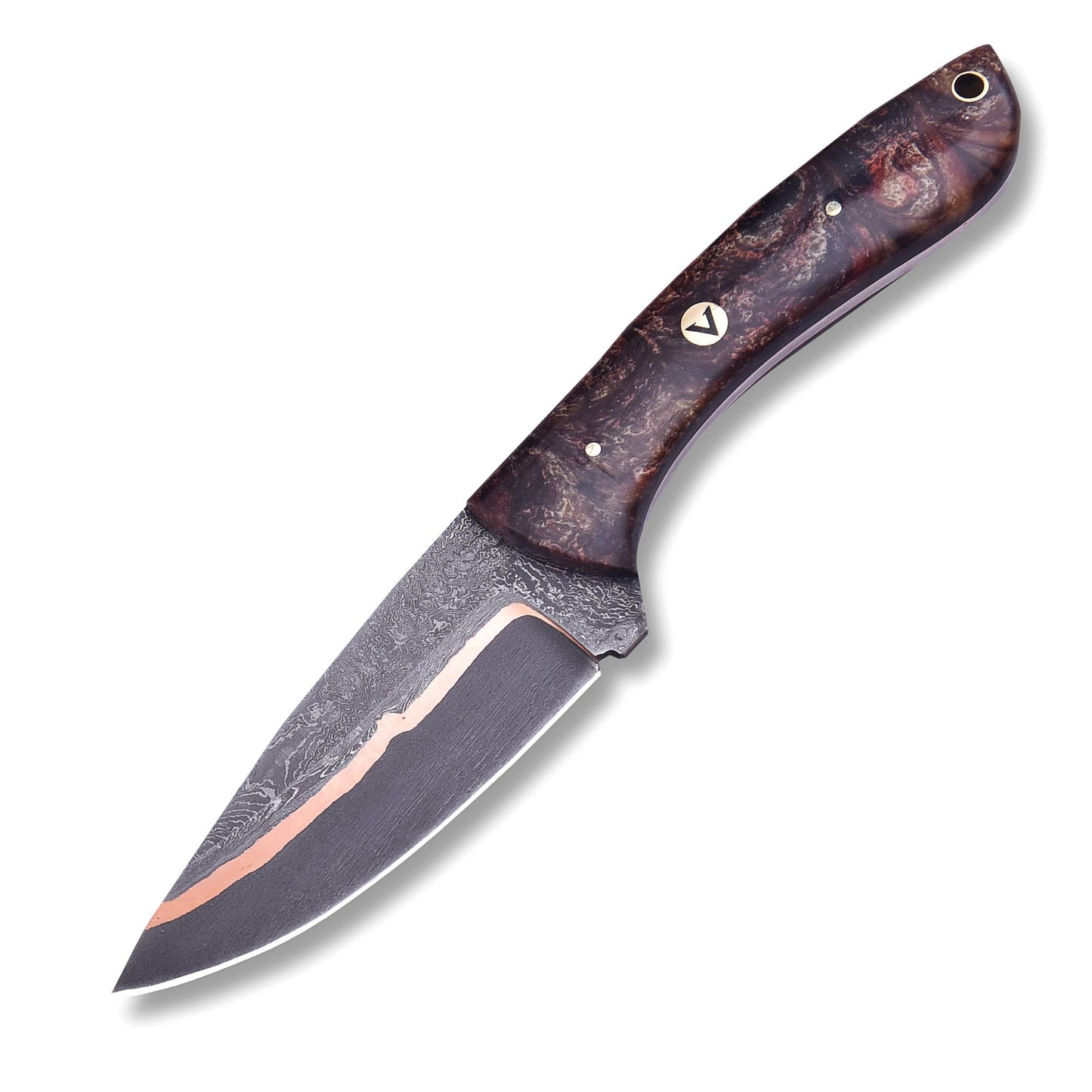 AM Monarch copper Cumai Damascus knife full view on display