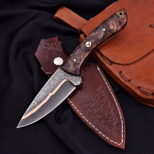 Copper Cumai Damascus knife and sheath side by side – premium bushcraft knife