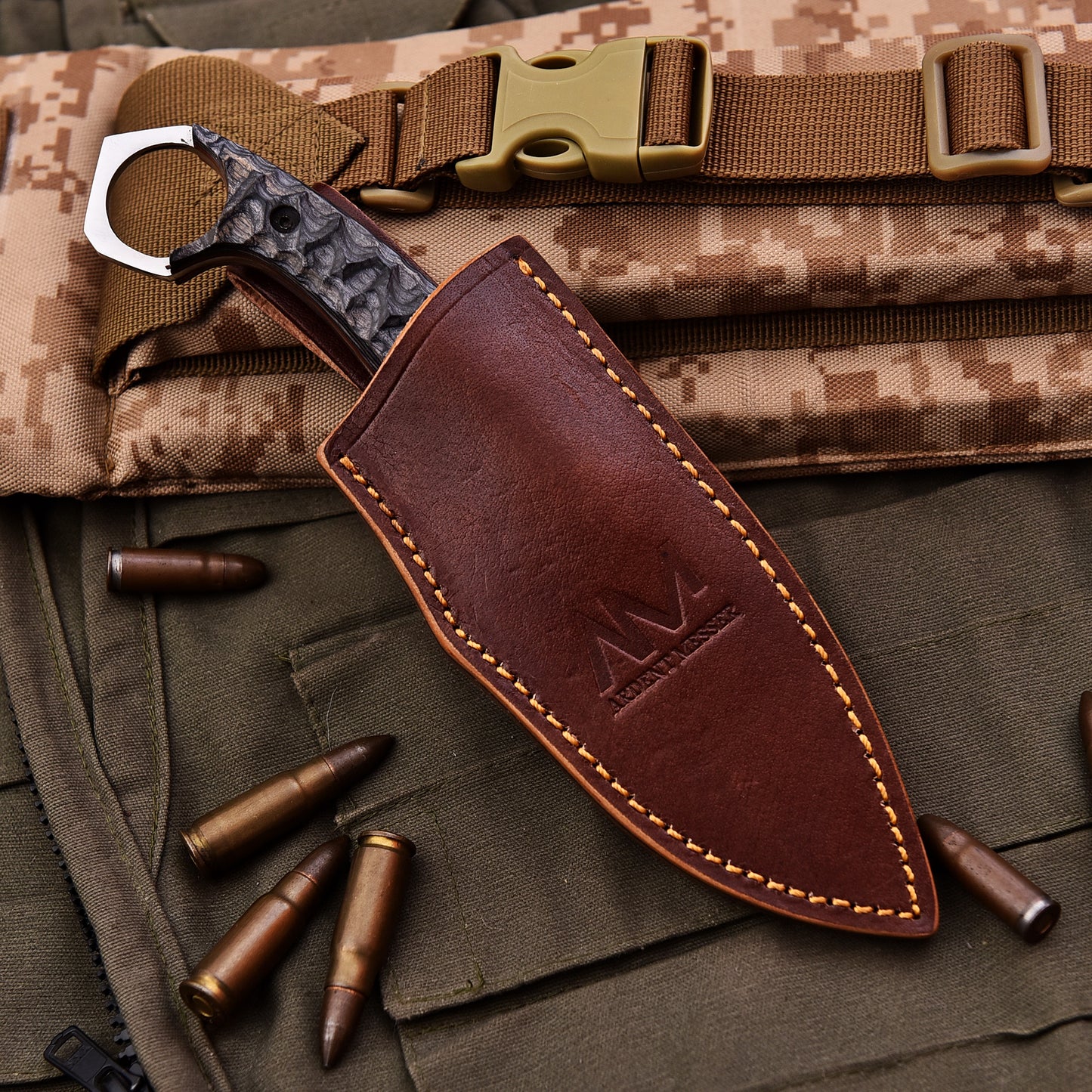 AM Sentinel knife fully placed inside leather sheath – ideal for everyday carry