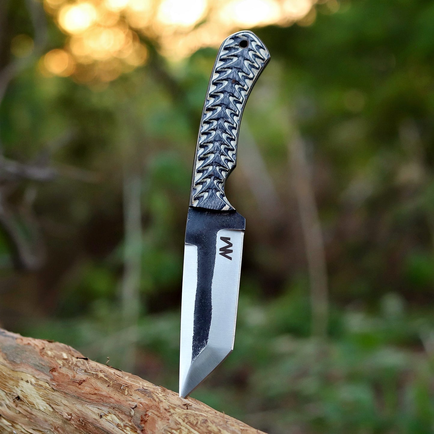 M Shadowstrike 9 inch fixed blade tanto knife photographed outdoors on rock surface – premium 12C27 steel and wood handle in natural light.