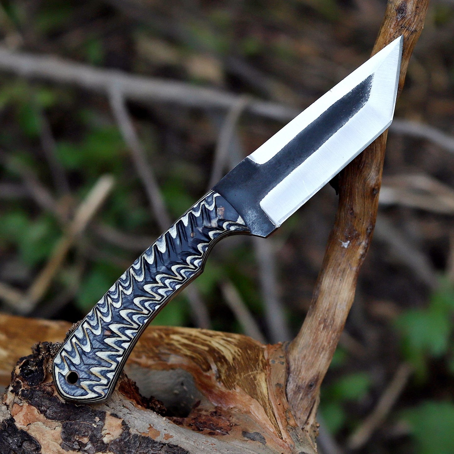 AM Shadowstrike outdoor camping and bushcraft knife – 9 inch tanto blade showcased in forest environment.