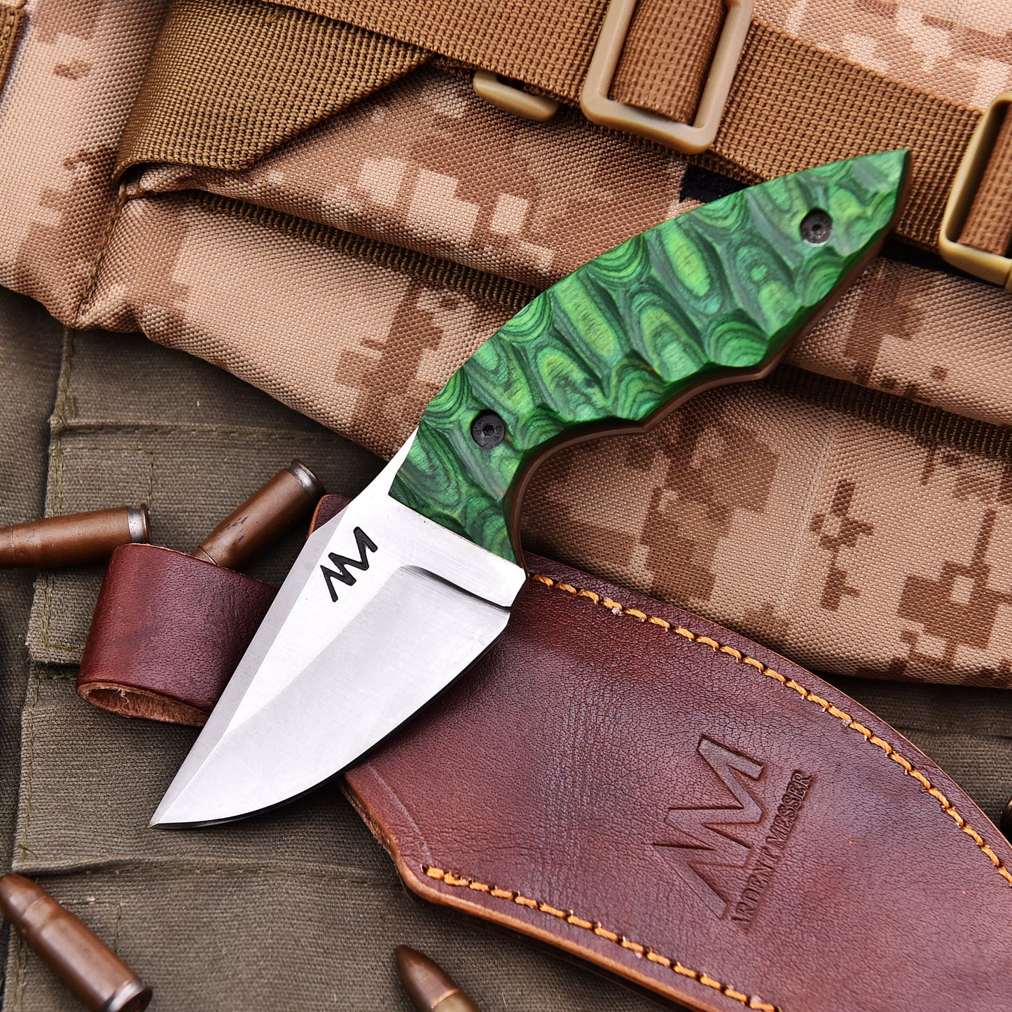 AM Viper knife displayed with leather sheath—perfect EDC combo
