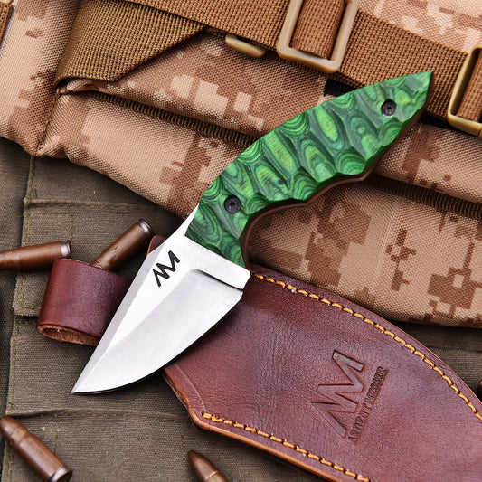 AM Viper knife displayed with leather sheath—perfect EDC combo