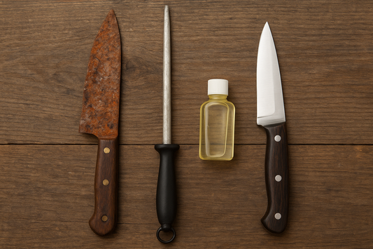 A rusty, damaged knife placed beside a sharpening rod, a small bottle of oil, and a clean, polished knife on a wooden table, illustrating knife care and maintenance.