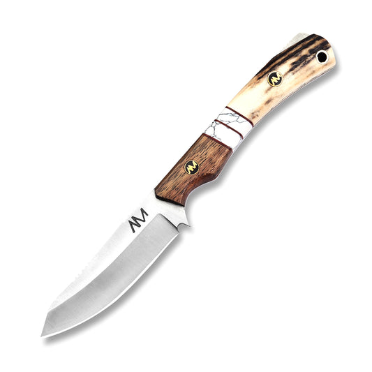 A fixed blade knife with a stainless steel blade, and a handle featuring stag, white stone, and rose wood, accompanied by a leather sheath.