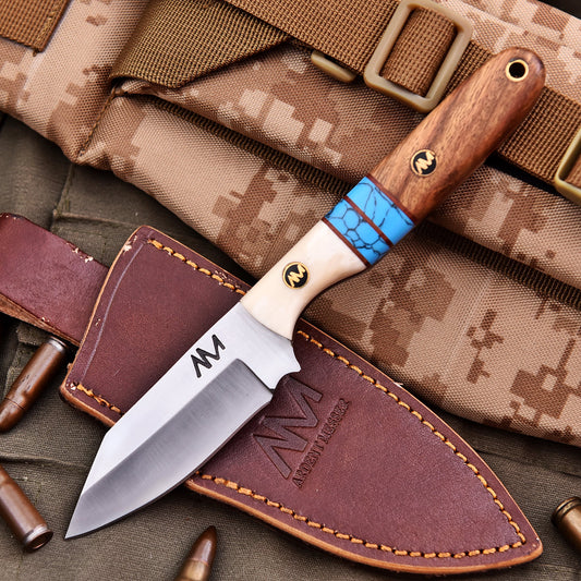 Fixed blade hunting knife with leather sheath for belt carry and ranch work
