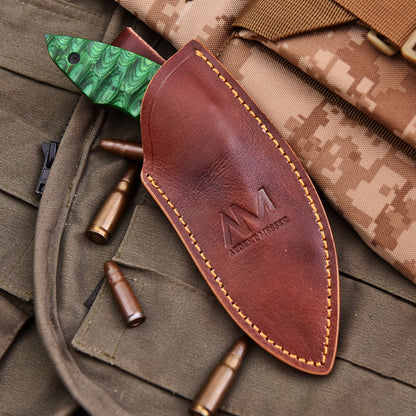 AM Viper fixed blade knife fully inserted in brown leather sheath
