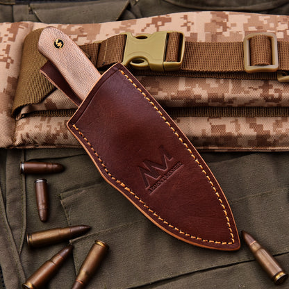 AM Sandstorm fixed blade knife in premium leather sheath
