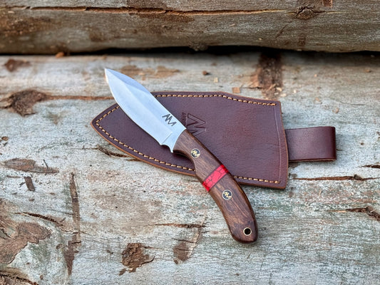 8" Fixed Blade 12c27 Steel Hunting Knife with ergonomic rosewood handle and Turquoise accents with a premium hand stitched leather sheath