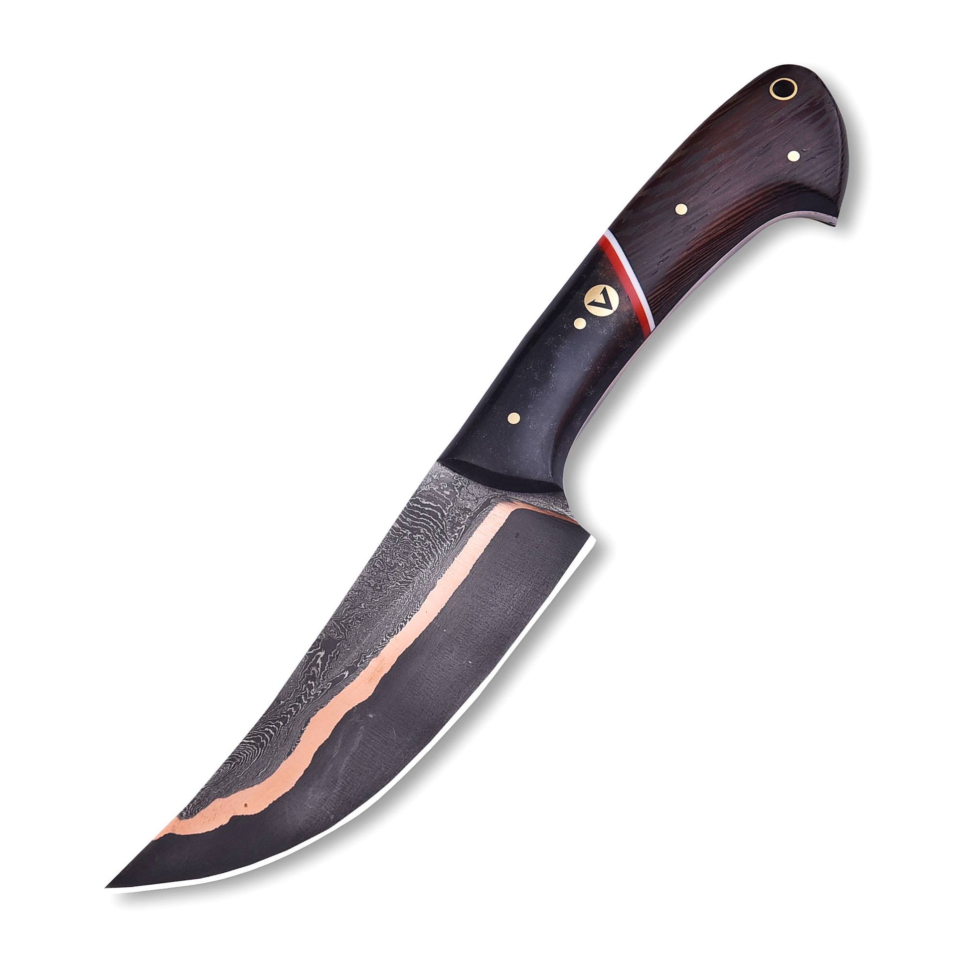 AM Emberfang copper Damascus fixed blade knife full view