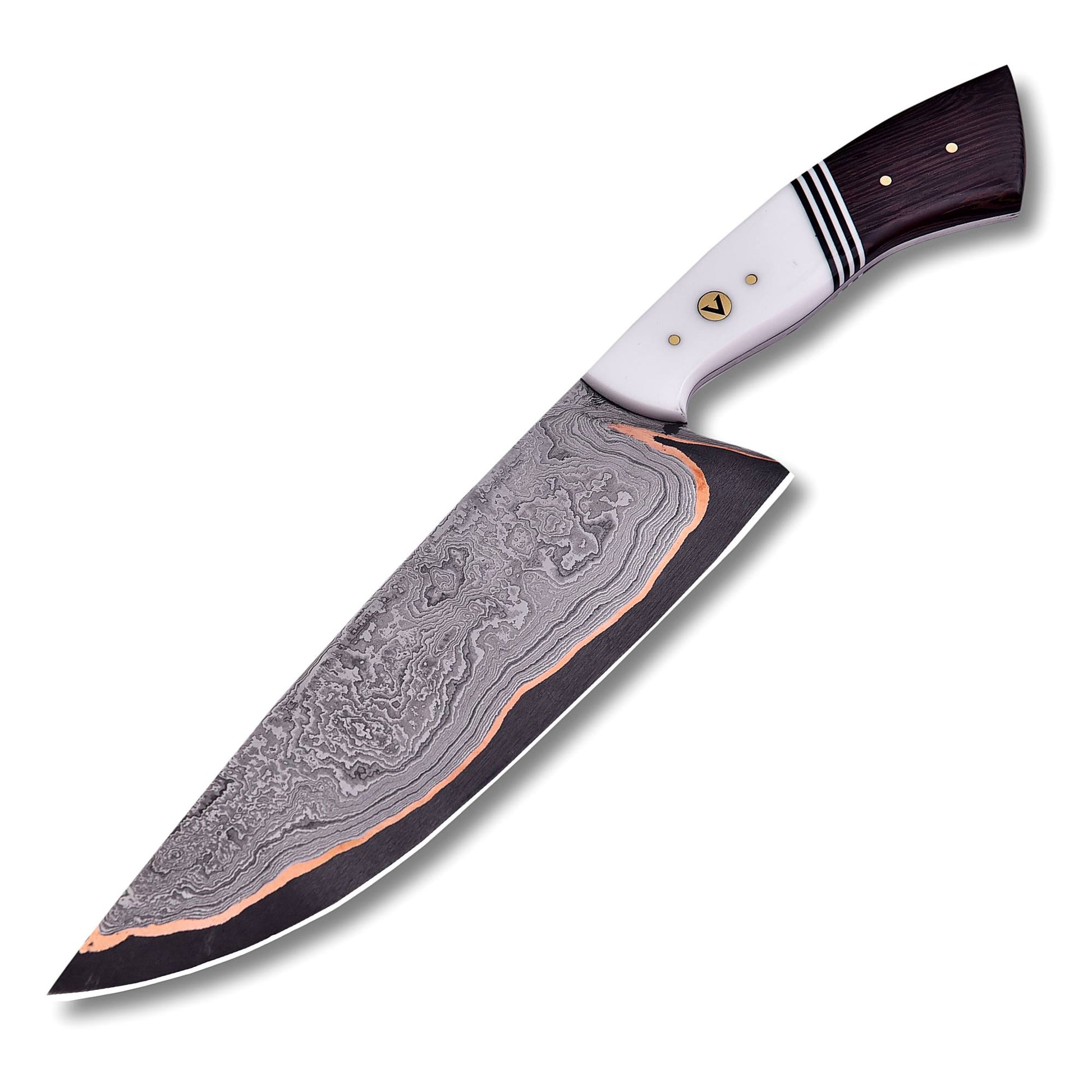 Handmade Santoku knife with copper Damascus blade and resin wenge handle