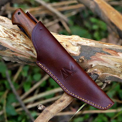 AM Frontier fixed blade knife with handcrafted vertical carry leather sheath – rugged field carry for hunting and bushcraft.