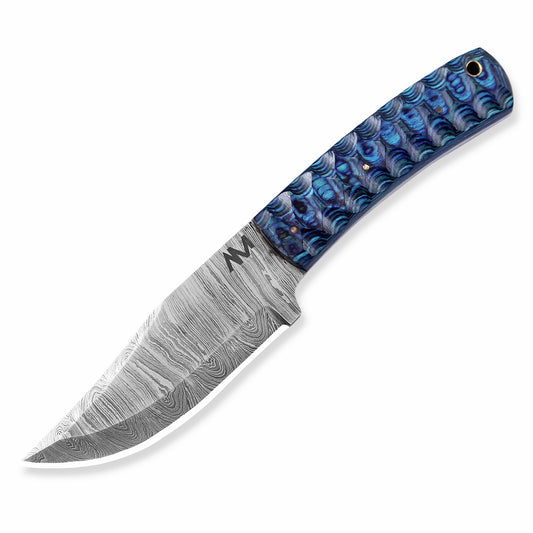 Studio image of AM Helix Damascus knife on white background highlighting steel pattern and clean design.