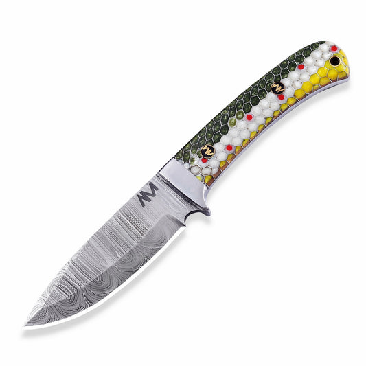 Studio image of AM Hexfire Damascus knife on white background highlighting steel pattern and honeycomb resin handle.