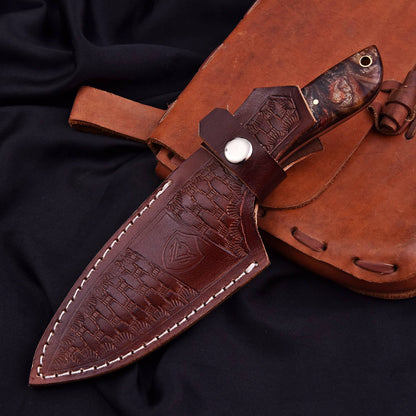  AM Monarch in handmade leather sheath – copper Damascus fixed blade
