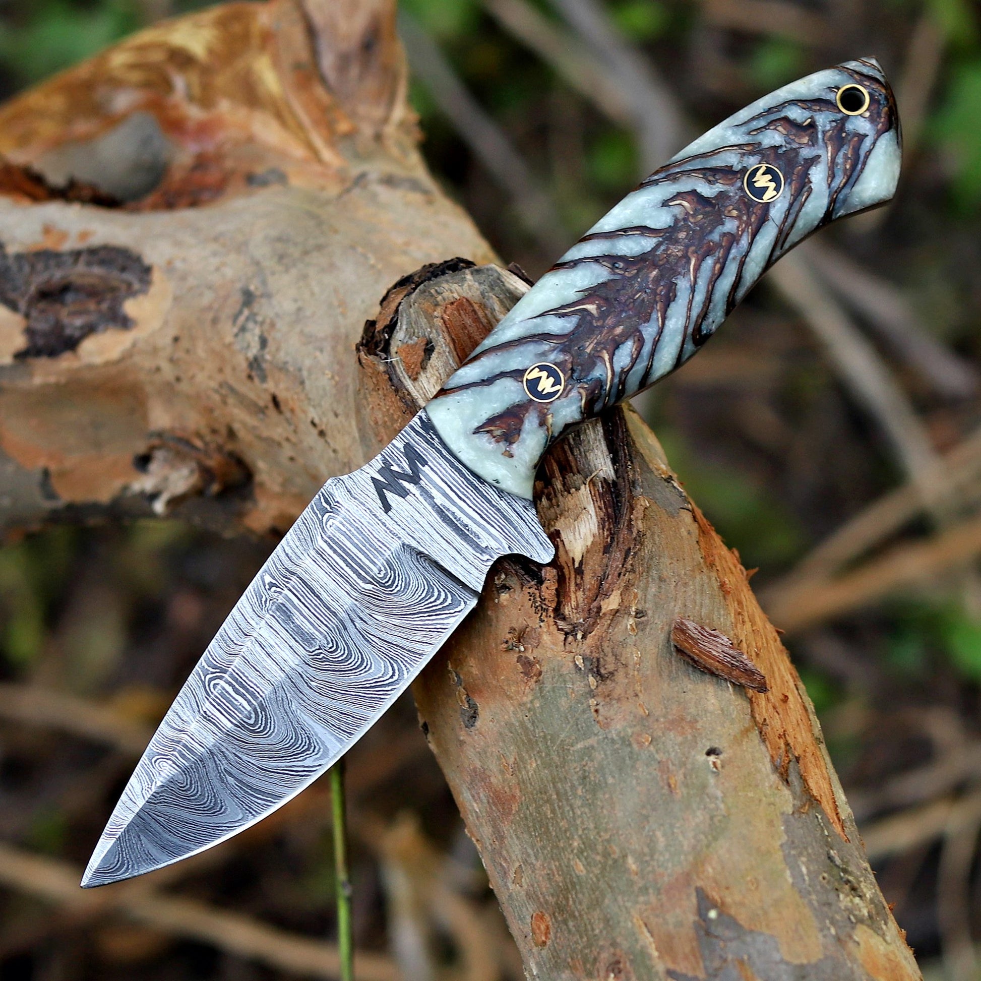 AM Shard Damascus knife displayed on rugged outdoor surface showcasing pine cone resin handle and patterned steel blade.