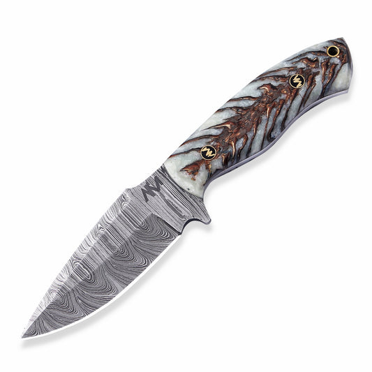 AM Shard handmade Damascus knife with pine cone resin handle on white background — full tang outdoor fixed blade by Ardent Messer.