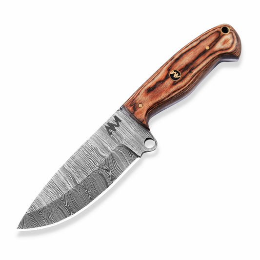 Studio shot of AM Vulcryst Damascus knife on white background highlighting blade details and handle grain.